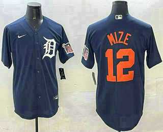 Mens Detroit Tigers #12 Casey Mize Navy Alternate With Patch Cool Base Stitched Jersey